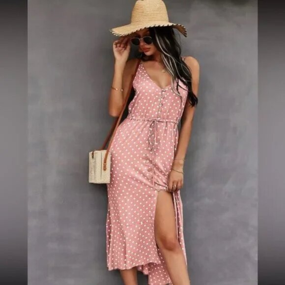 Polka dots print button detail drawstring waist cami dress - Picture 1 of 2